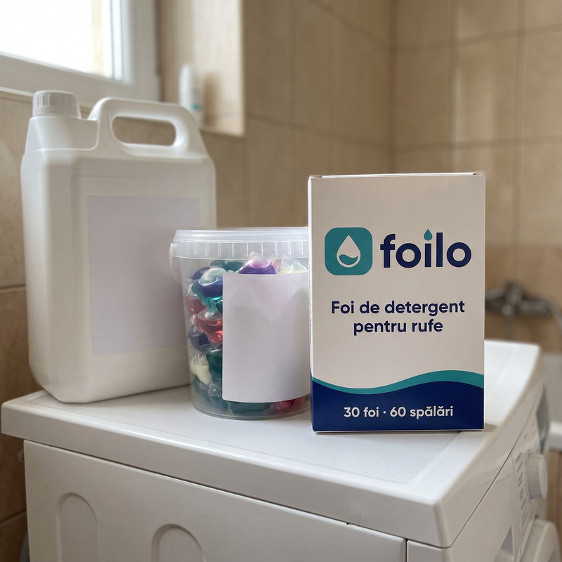 Cutia Foilo lângă bidonul de detergent și capsule