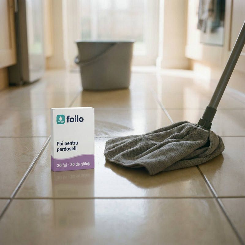 Cutia Foilo pentru pardoseli pe gresie, lângă mop