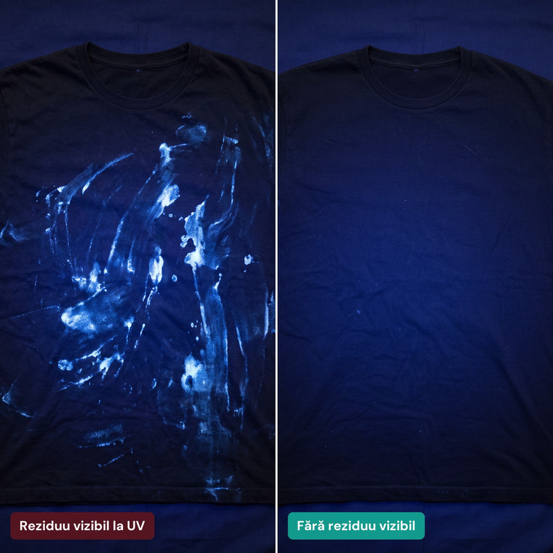 Tricou sub lumină UV: reziduuri de detergent vs Foilo