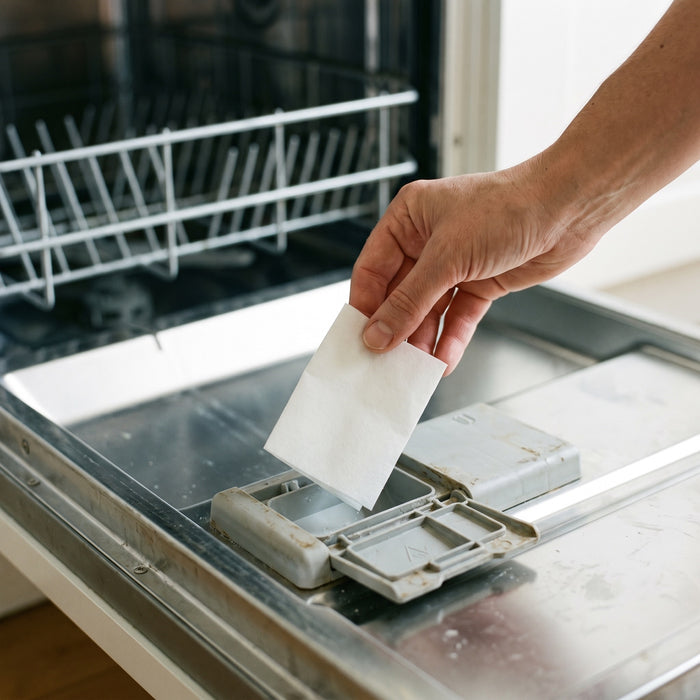 O pui în sertarul de detergent (uscat) și închizi. Sertarul e ud? Pune foaia pe fundul mașinii