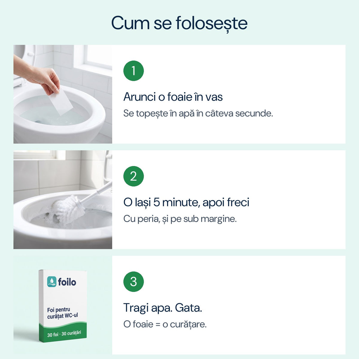 Cum se folosesc foile Foilo pentru WC, în 3 pași